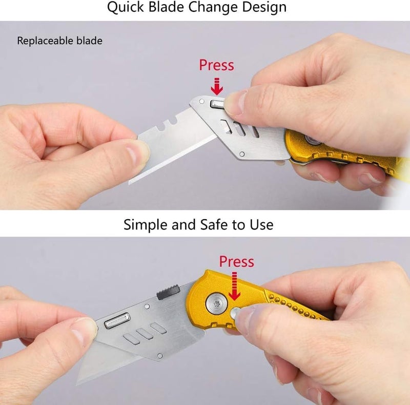 Vickay Folding Utility Knife Box Cutter Utility Blades Heavy Duty with 5 SK5 Quick Change Blades, Safety Axis Lock Design Razor Knife, Lightweight Aluminum Body Belt Clip for Office (yellow) - Image 4